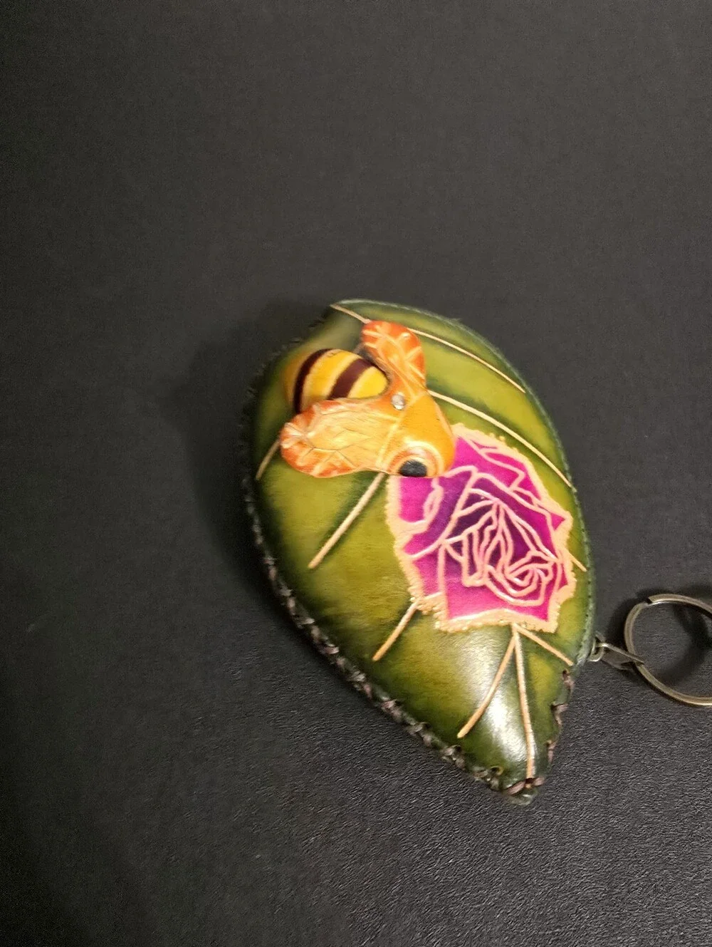 Leather Teardrop Keychain Wallet with Pink Rose and Orange Bee
